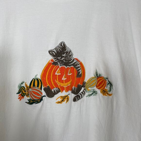 Vintage Womens Halloween Top Size XL Embroidered Pumpkin Cat Fall Long Sleeve - Picture 2 of 9